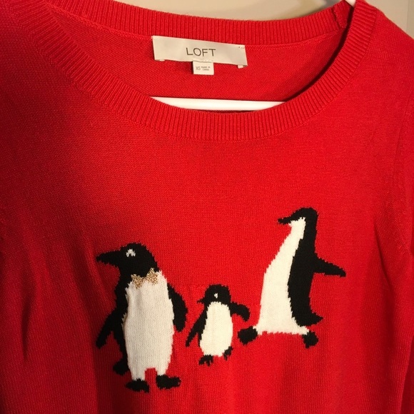Cute Penguin Holiday Red LOFT Sweater SIZE SX ( good for S) - Picture 5 of 7